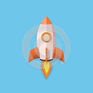 Isolated cartoon rocket on the blue sky background. Paper art style. Minimal and clean design. Vector