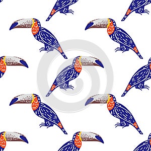 Isolated cartoon seamless pattern with bright navy blue toucan shapes. White background