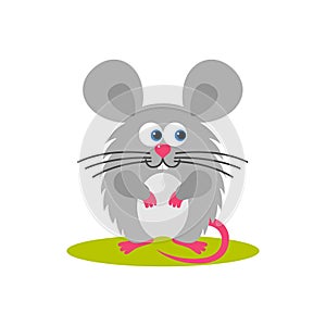 Isolated cartoon sitting gray mouse on white background. Colorful frendly mouse. Animal funny personage. Flat design