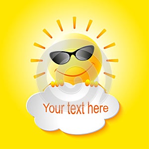 Isolated cartoon smiling sun in sunglasses holding a banner with text. Fairy tale character for children`s illustrations