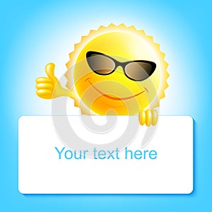 Isolated cartoon smiling sun in sunglasses holding a banner with text. Fairy tale character for children`s illustrations