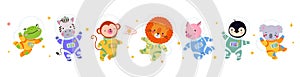 Isolated cartoon space animals. Cute leo, koala, penguin and zebra astronauts. Monkey and frog wear cosmonaut suit and