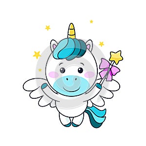 isolated cartoon unicorn with horn and wings.