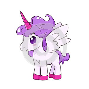 isolated cartoon unicorn with wings and horn.