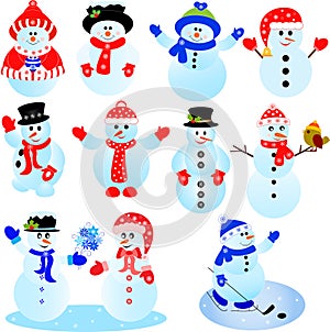 Isolated cartoon vector illustrations of snowman and animals