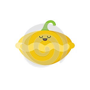 Isolated cartoon yellow patisson with kawaii face on white background. Colorful friendly pattypan squash vegetable. Cute funny