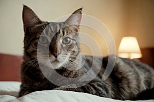 Isolated Cat Resting on Bed, Serene Domesticity, AI Generated