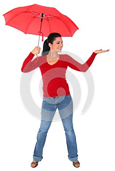 Isolated Caucasian Woman In Red Holding Umbrella