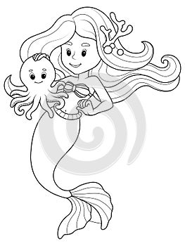 Isolated character, mermaid with octopus. Raster illustration, page coloring book.