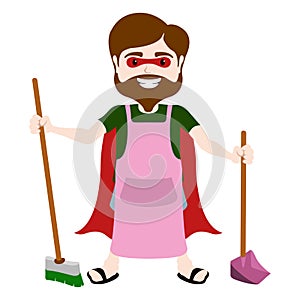 Isolated character super dad cleaner with a broom