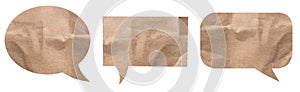 Isolated chat icons. Crumpled beige sheets of paper in the form of a chat icon. Thought concept. Paper layout