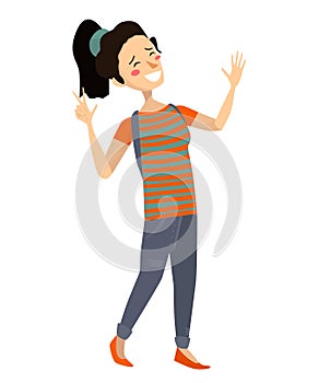 Isolated cheerful asian girl smiling and laughing. flat vector japanese teenager illustration. cute female with ponytail.