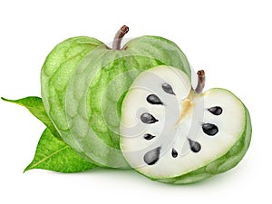 Isolated cherimoya. Whole and half of cherimoya (Custard apple) fruits isolated on white