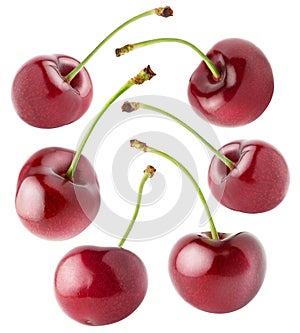Isolated cherries. Collection of different cherry fruits isolated on white background with clipping path.