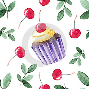 Isolated cherry berry baked muffin as seamless pattern. Sweet desserts hand drawn illustration