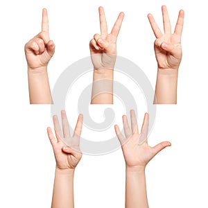 Isolated children hands show the number one two three four five