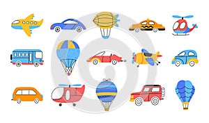 Isolated children transport. Cartoon kids airplane, cars and hot air balloons. Flat vehicles clipart, auto and aircraft