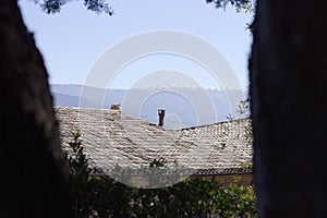 Isolated chimney on the roof - Landscape View between trees