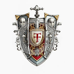 Isolated Chivalric Emblem Concept. Medieval Knight Coat of Arms On White Background. Old Symbols of Armour and Weaponry