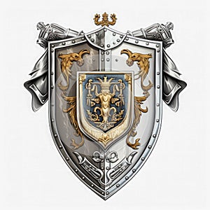 Isolated Chivalric Emblem Concept. Medieval Knight Coat of Arms On White Background. Old Symbols of Armour and Weaponry