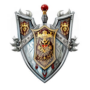 Isolated Chivalric Emblem Concept. Medieval Knight Coat of Arms On White Background. Old Symbols of Armour and Weaponry