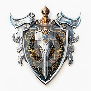 Isolated Chivalric Emblem Concept. Medieval Knight Coat of Arms On White Background. Old Symbols of Armour and Weaponry