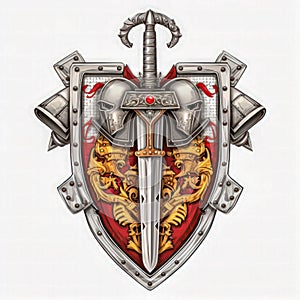 Isolated Chivalric Emblem Concept. Medieval Knight Coat of Arms On White Background. Old Symbols of Armour and Weaponry