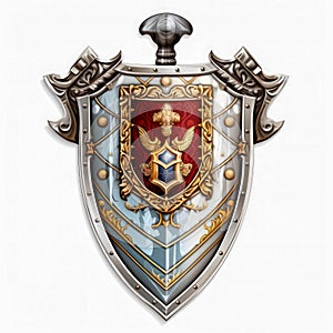 Isolated Chivalric Emblem Concept. Medieval Knight Coat of Arms On White Background. Old Symbols of Armour and Weaponry