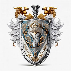 Isolated Chivalric Emblem Concept. Medieval Knight Coat of Arms On White Background. Old Symbols of Armour and Weaponry