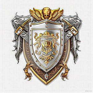 Isolated Chivalric Emblem Concept. Medieval Knight Coat of Arms On White Background. Old Symbols of Armour and Weaponry