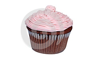 Isolated chocolate cupcake with pink frosting