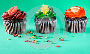Isolated Chocolate Cupcakes with Green Background