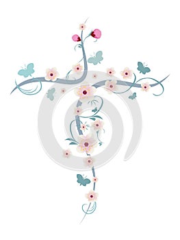 Isolated christian cross with flower and butterflies