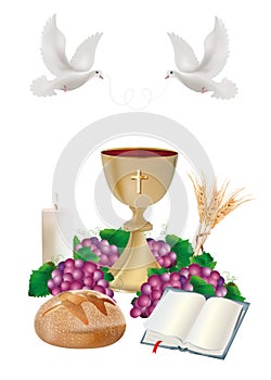 Isolated Christian symbols with golden chalice, bread, bible, grapes, candle, dove, ears of wheat photo