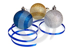 Isolated Christmas Balls and Blue Ribbon