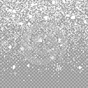 Isolated Christmas falling snow overlay on transparent background. Snowflakes storm layer. Snow pattern for design