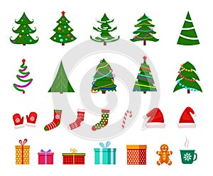 Isolated christmas flat elements. Xmas baubles, new year decoration. Vintage toys, gift boxes and socks. Decorative