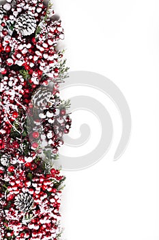 Isolated Christmas holiday decoration with snowy red berries and pine cones on white background, plant Christmas border