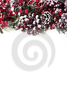 Isolated Christmas holiday decoration with snowy red berries and pine cones on white background, plant Christmas border