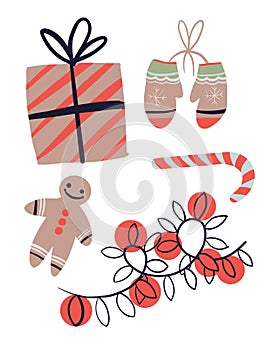 Isolated Christmas/New Year icons drawing. On a white background: ginger man cookie, rainbow candy, Christmas lights / garlands, w