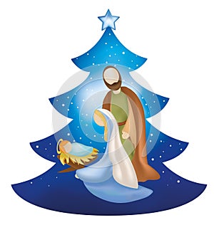 Isolated christmas tree nativity scene with holy family on blue background