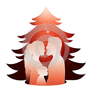 Isolated Christmas tree nativity scene with holy family. Silhouette profile on red background
