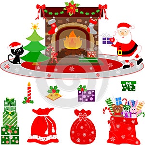 Isolated Christmas vector illustrations of fireplace, Santa Claus, presents, candles and toys