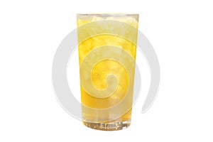 Isolated Chrysanthemum ice tea glass on white background, yellow herbal water for drink will felling fresh