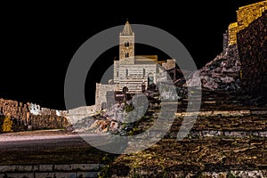 Isolated church by night near the sea/ Saint Peter church/ Portovenere/ La Spezia, Italy.