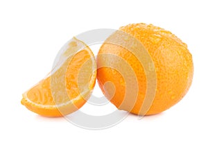 Isolated citrus collection. Whole tangerines or mandarin orange fruits and peeled segments isolated on white background