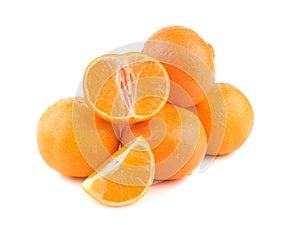 Isolated citrus collection. Whole tangerines or mandarin orange fruits and peeled segments isolated on white background