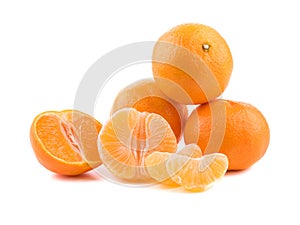 Isolated citrus collection. Whole tangerines or mandarin orange fruits and peeled segments isolated on white background