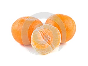 Isolated citrus collection. Whole tangerines or mandarin orange fruits and peeled segments isolated on white background
