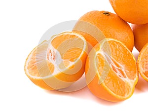 Isolated citrus collection. Whole tangerines or mandarin orange fruits and peeled segments isolated on white background